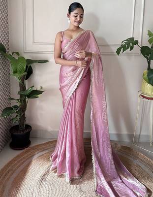 Women fandy silk blend mauve zari lace work saree 5
