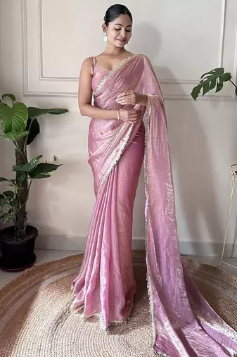 Women fandy silk mauve zari lace work saree