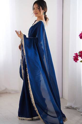 Women fandy silk nblue zari lace work saree