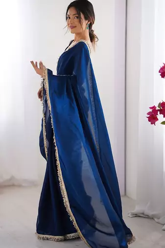 Women fandy silk nblue zari lace work saree