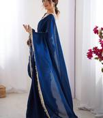 Women fandy silk nblue zari lace work saree