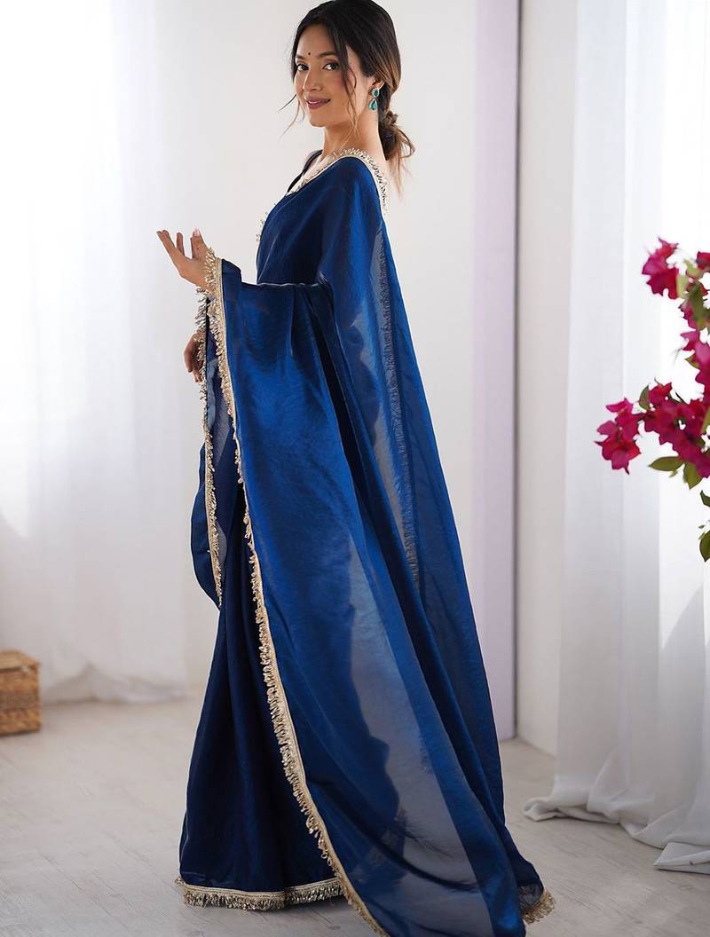Women fandy silk nblue zari lace work saree