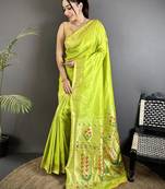 Women lime green floral ikkat motifs lichi silk saree