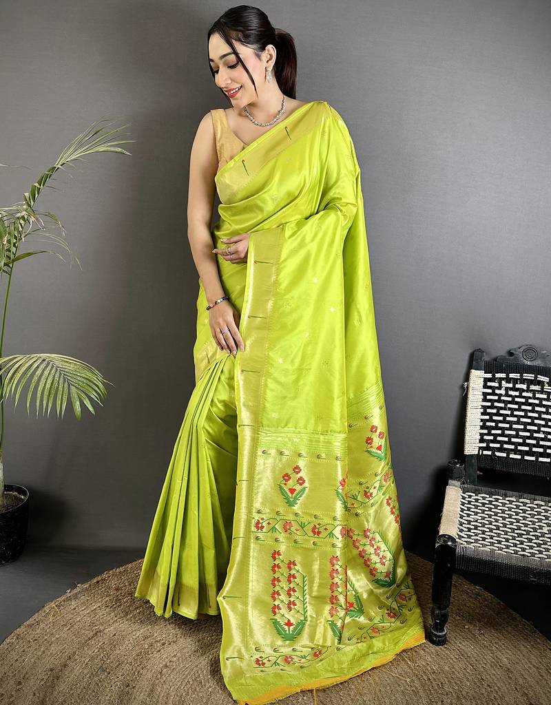 Women lime green floral ikkat motifs lichi silk saree