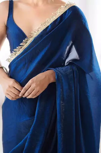 Women fandy silk nblue zari lace work saree