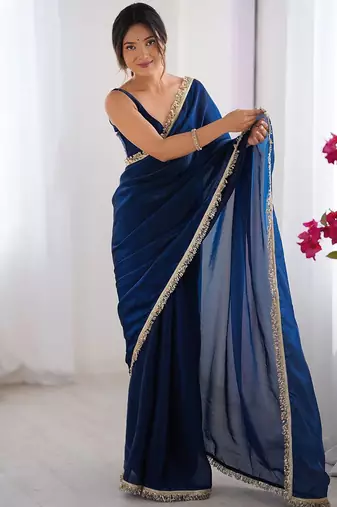 Women fandy silk nblue zari lace work saree