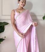 Women fandy silk pink zari lace work saree