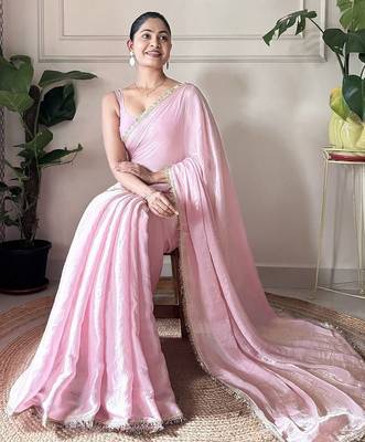 Women fandy silk blend pink zari lace work saree 2