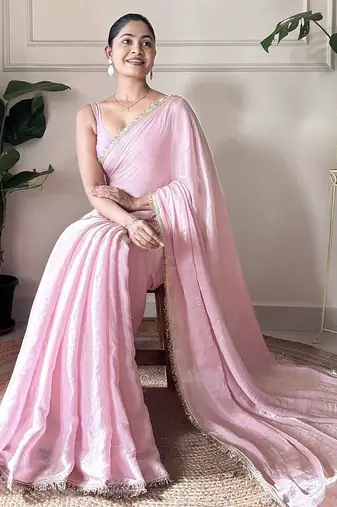 Women fandy silk pink zari lace work saree