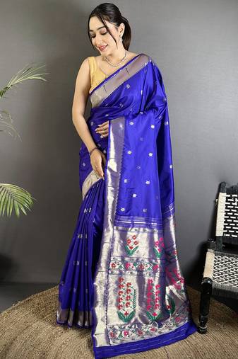 Women royal blue floral ikkat motifs lichi silk saree