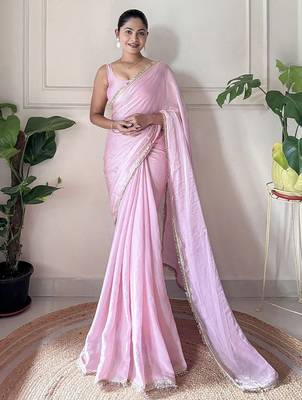 Women fandy silk blend pink zari lace work saree 4