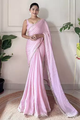 Women fandy silk pink zari lace work saree