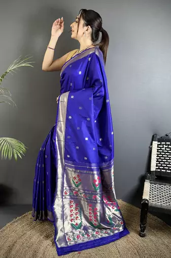 Women royal blue floral ikkat motifs lichi silk saree