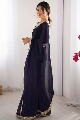 Women fandy silk purpule zari lace work saree