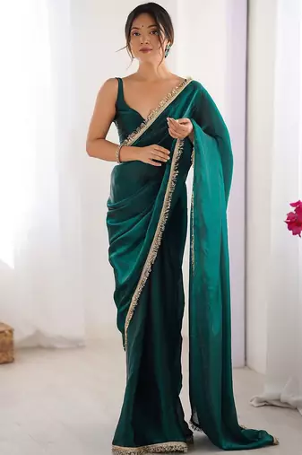 Women fandy silk ramagreen zari lace work saree