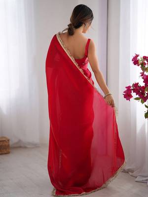 Women fandy silk blend red zari lace work saree 2