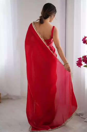 Women fandy silk red zari lace work saree
