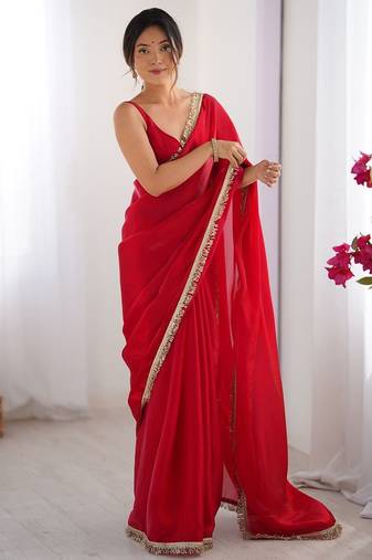 Women fandy silk red zari lace work saree