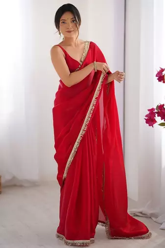 Women fandy silk red zari lace work saree