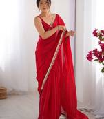 Women fandy silk red zari lace work saree