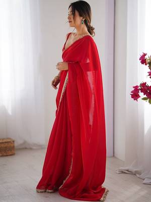 Women fandy silk blend red zari lace work saree 4