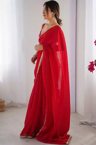 Women fandy silk red zari lace work saree