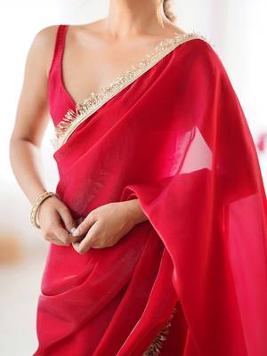 Women fandy silk blend red zari lace work saree 5