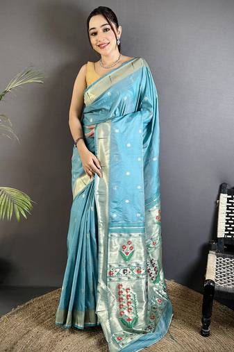 Women sky blue floral ikkat motifs lichi silk saree