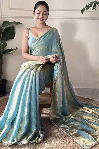 Women fandy silk teal zari lace work saree