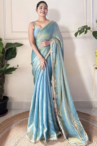 Women fandy silk teal zari lace work saree