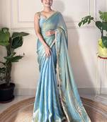 Women fandy silk teal zari lace work saree