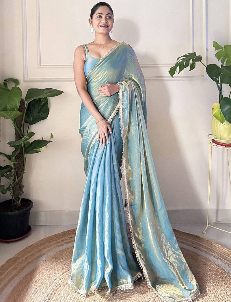 Women fandy silk teal zari lace work saree