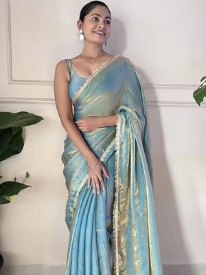 Women fandy silk blend teal zari lace work saree 4