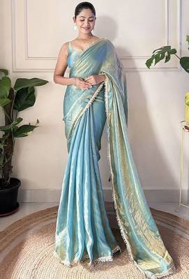 Women fandy silk blend teal zari lace work saree 5