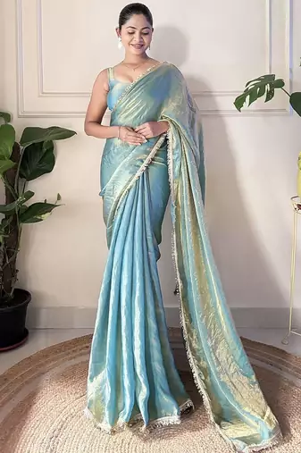Women fandy silk teal zari lace work saree