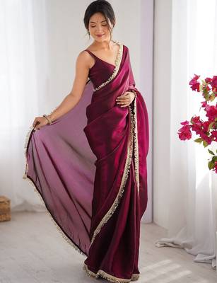 Women fandy silk blend wine zari lace work saree 1