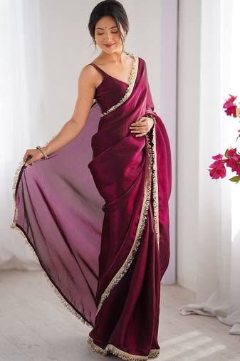 Women fandy silk wine zari lace work saree