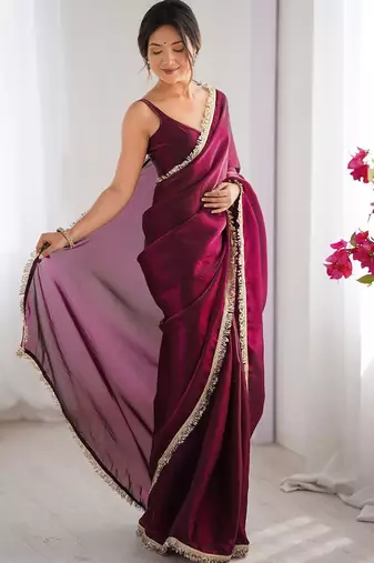 Women fandy silk wine zari lace work saree