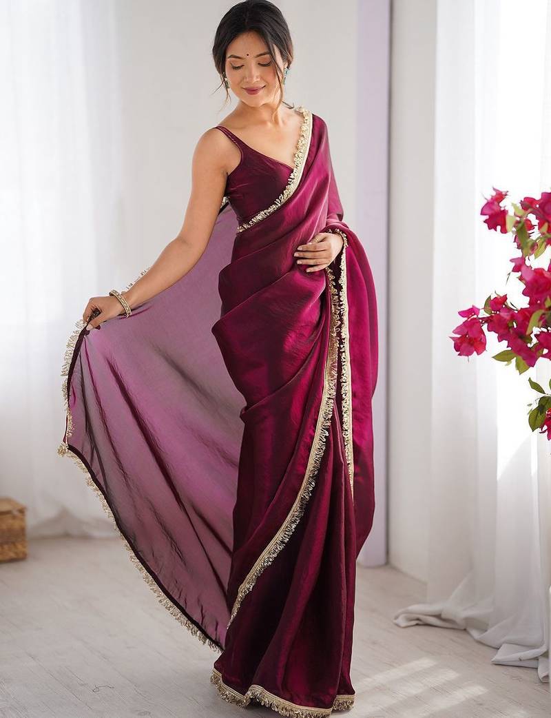 Women fandy silk wine zari lace work saree