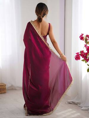 Women fandy silk blend wine zari lace work saree 2