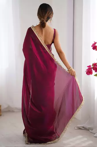 Women fandy silk wine zari lace work saree