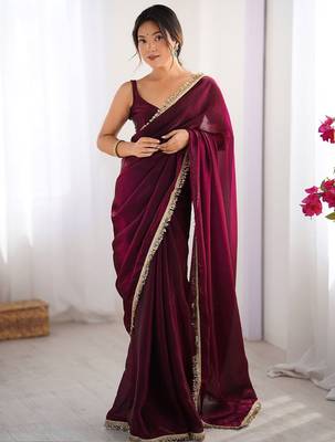 Women fandy silk blend wine zari lace work saree 4