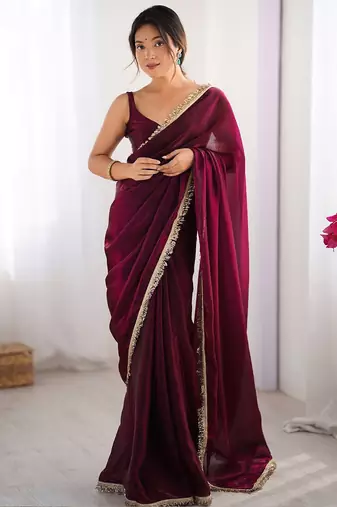 Women fandy silk wine zari lace work saree