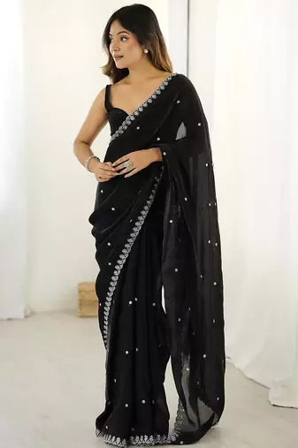 Women fandy silk black zari lace work saree