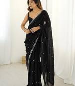 Women fandy silk black zari lace work saree