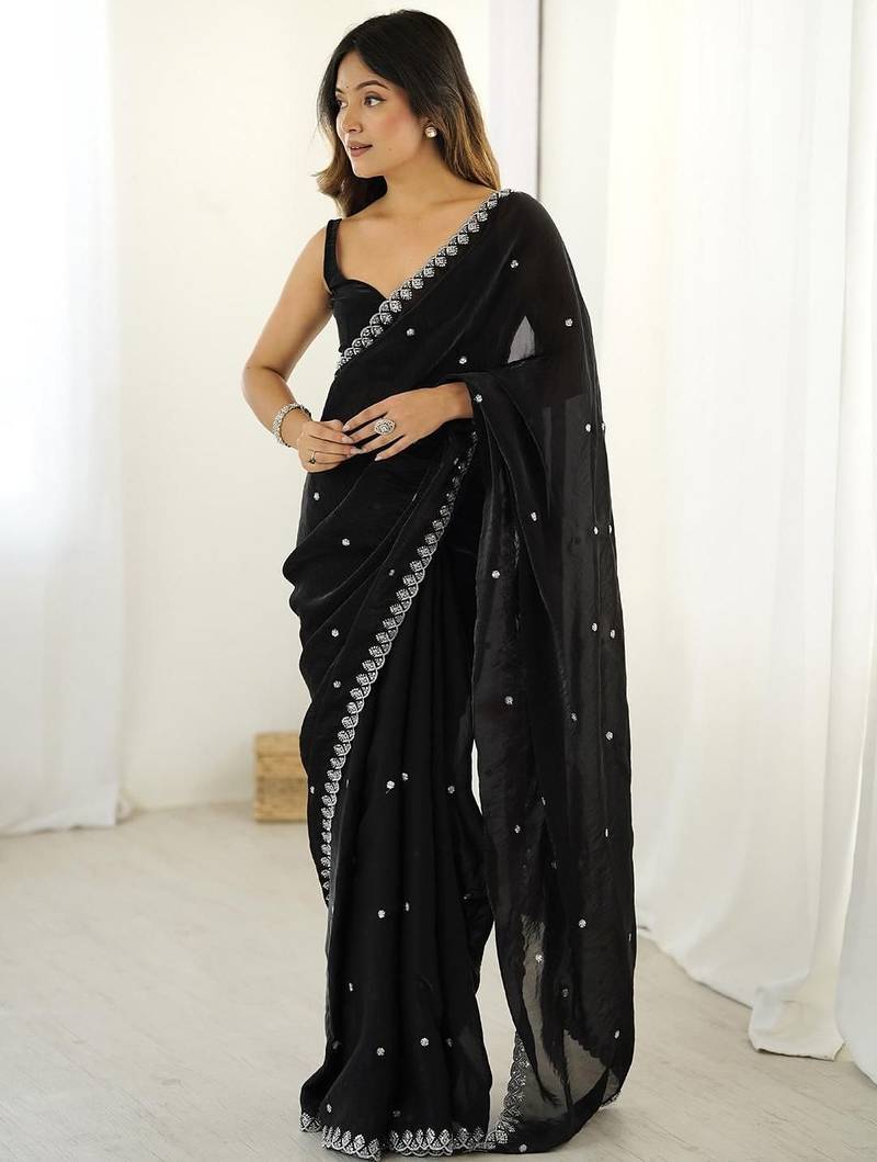 Women fandy silk black zari lace work saree