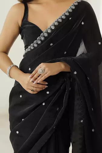 Women fandy silk black zari lace work saree