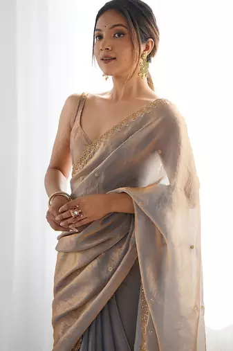 Women fandy silk chikoo zari lace work saree