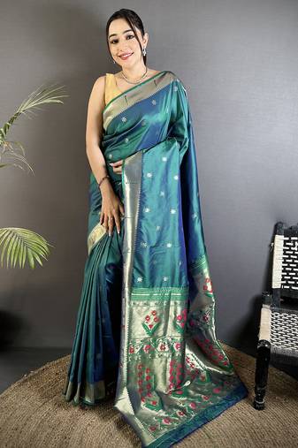 Women azure turquoise floral ikkat motifs lichi silk saree