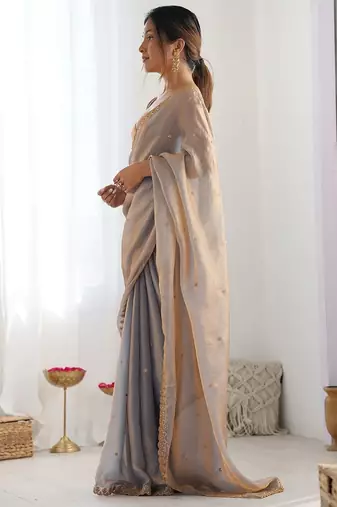 Women fandy silk chikoo zari lace work saree